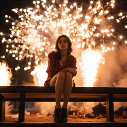 a woman sitting on a bench in front of fireworks