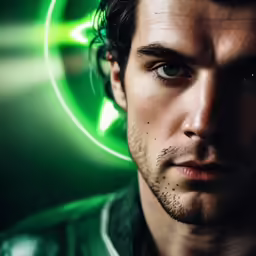 a close up shot of a man with a green neon ring around his head