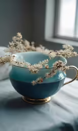 a blue and gold tea cup with a flower in it