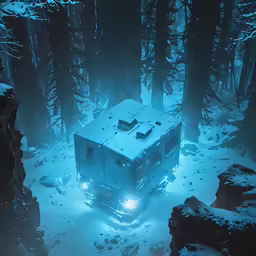 an illuminated truck drives in a dark snowy forest