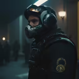 a man in a helmet and jacket in the dark