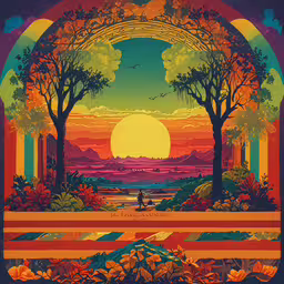 an image of an old style poster with the sun setting,a colorful poster featuring trees and a person riding a bike