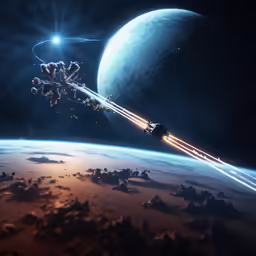 a large satellite vehicle flying in the air over a large globe