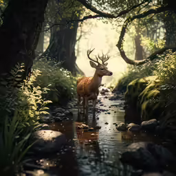 a deer standing in the water near a river