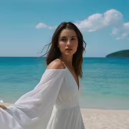 a beautiful young woman standing on top of a beach