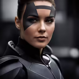 a woman wearing a batgirl costume with black and white strips