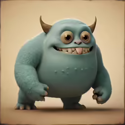 an illustration of a blue, fuzzy monster with big eyes and horns