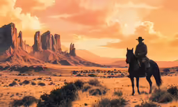 a man is riding on a horse and looks off into the distance