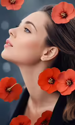 the face of a beautiful woman surrounded by red flowers