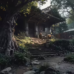 a large forest filled with rocks and a house