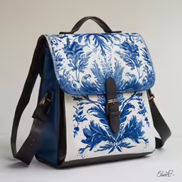 the blue and white floral print canvas tote bag with leather strap