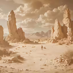 a person is walking in the desert near some rocks