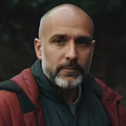 a bald headed man wearing a red jacket and backpack