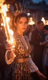 a woman in an ornate dress holds torches