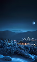 a full moon is seen in the distance with snowy hills