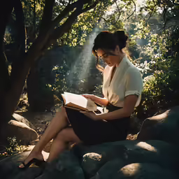 a young woman reading a book under a tree