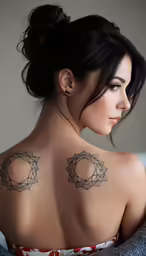 a woman with her back tattoo and white shirt