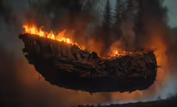 a piece of burned furniture in the middle of a fire
