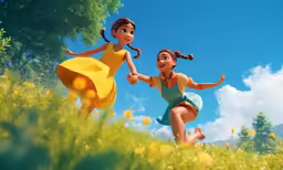 two girls are running in a field holding hands