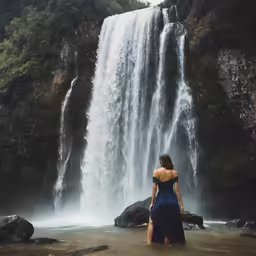 a person standing in the water next to a waterfall