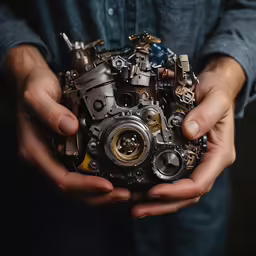 a person holding a piece of art made from metal