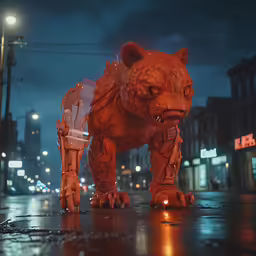 a weird looking, orange robot dog outside a city