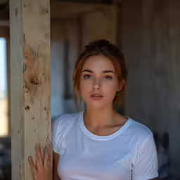 a pretty young woman leaning up against a wooden pole