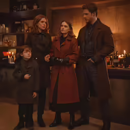 three people standing in a bar, one holding the child