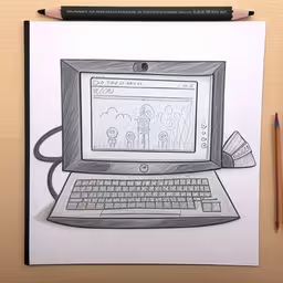 a drawing of an old computer with a keyboard on top of it,the drawing is done using a pencil and white paper