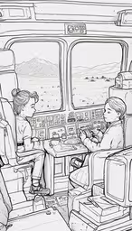 a black and white cartoon of two people in an airplane,two people sit on a train while looking at the table with a tray