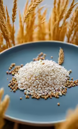 a blue plate topped with corn flakes and grains