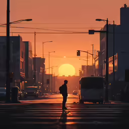 the person is walking down the street at sunset