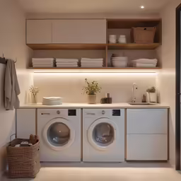 the laundry room is clean and organized with items