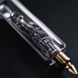 a clear tube containing black bullet heads and bullet caps