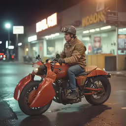man riding on an orange motorcycle down a street