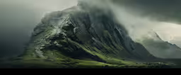 the giant mountain has a face as if he was flying,a mountain covered in moss is against a dark sky