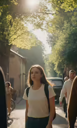 the girl is walking down the street in the sunlight