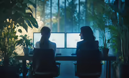 two young women sitting in front of computer screens