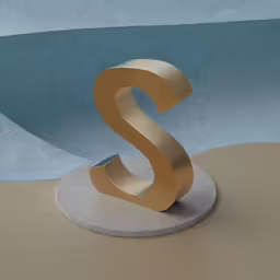 an unusual piece of art on a pedestal in front of water