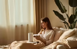 a girl is sitting on a bed and using her phone