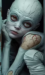 a woman with a creepy look holding onto a broken door