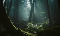 sunlight streaming through the trees into a dense forest