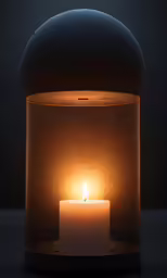a white lit candle on a round surface