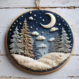 the ornaments have snow and trees and the moon in the sky