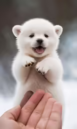 a small white polar bear standing on its hind legs