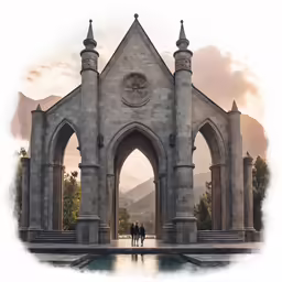 two people are walking towards an arch between two fountains