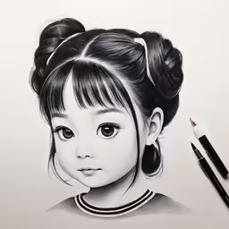 a black and white drawing of a young girl