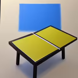 the yellow table is standing out in a room