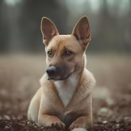 a dog that is laying down with a brown fur on the ground
