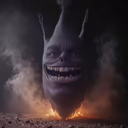 a dark demonic mask with sharp teeth on its face